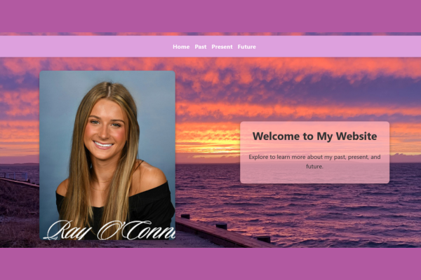 Website homepage with photo of woman layered over a sunset over water background