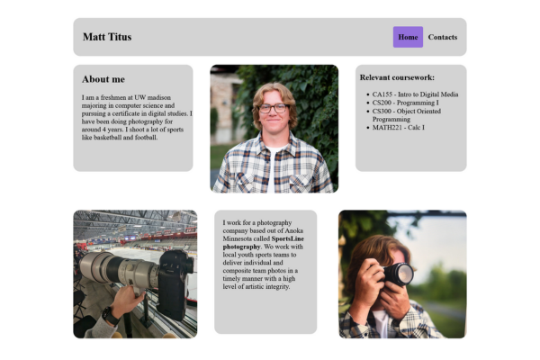 Website homepage with text and photos of a man taking photographs
