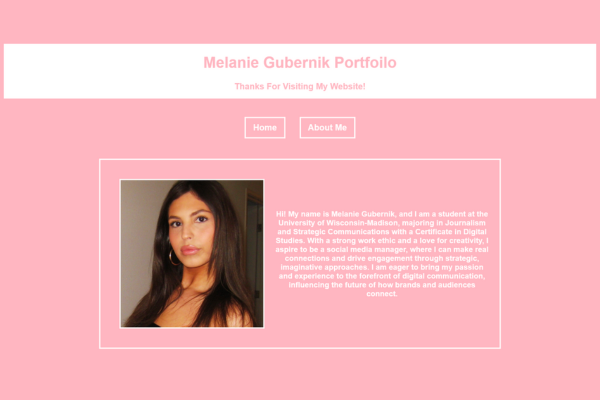 Website homepage that has a pink background, text, and a picture of a woman.