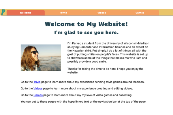 Website homepage with text and a photo of a man wearing sunglasses.